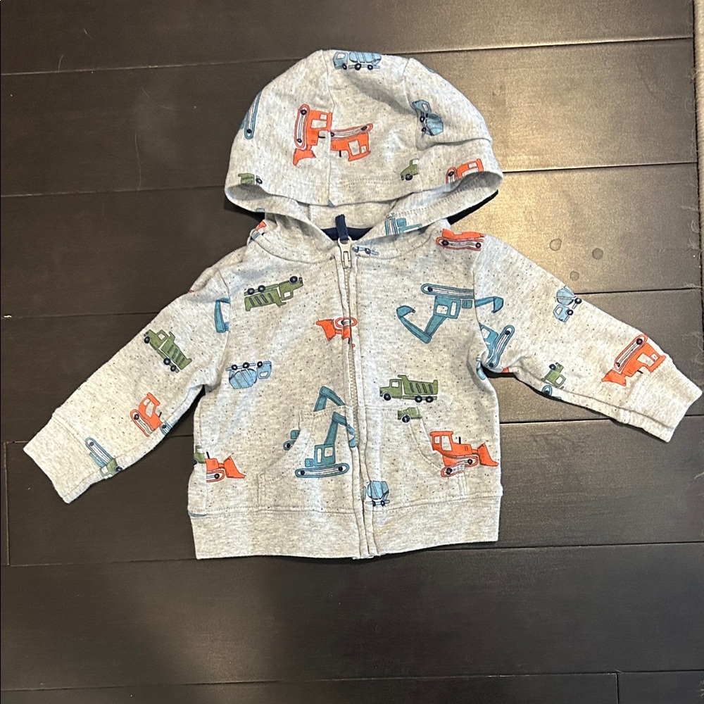 Carter’s Gray Zip Up Hoodie with Construction Vehicle Print Size 6 Months